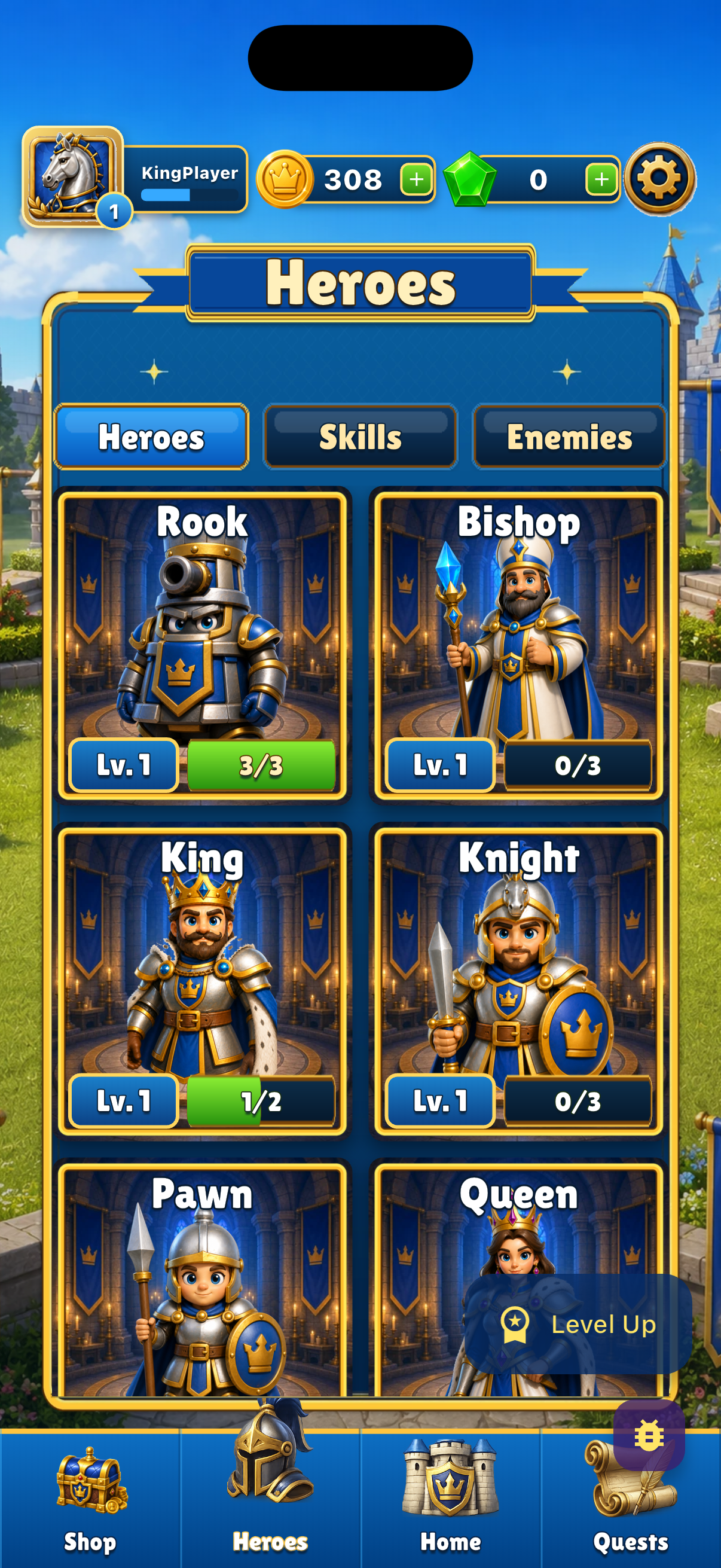 Chess Defence heroes roster screen